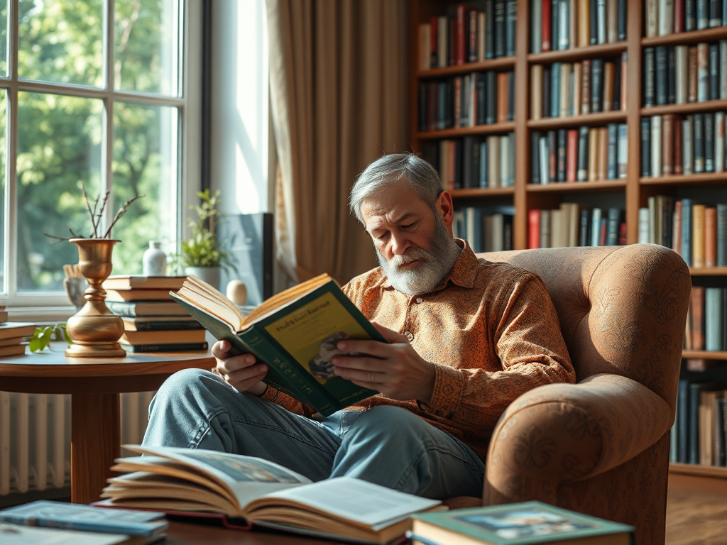 Старший человек читает книгу в уютной библиотеке, окружённый полками с книгами и солнечным светом.