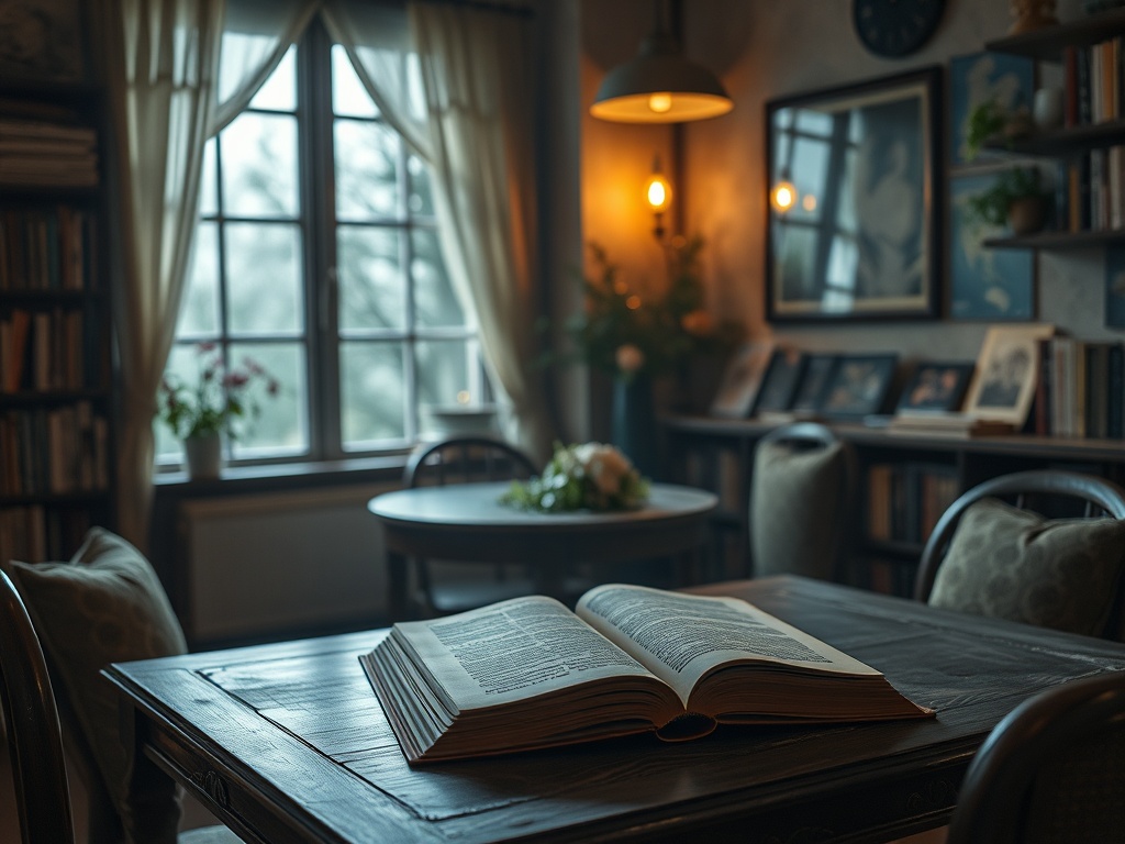 Открытая книга на столе в уютной комнате с большими окнами и библиотекой на фоне. Тишина и спокойствие.