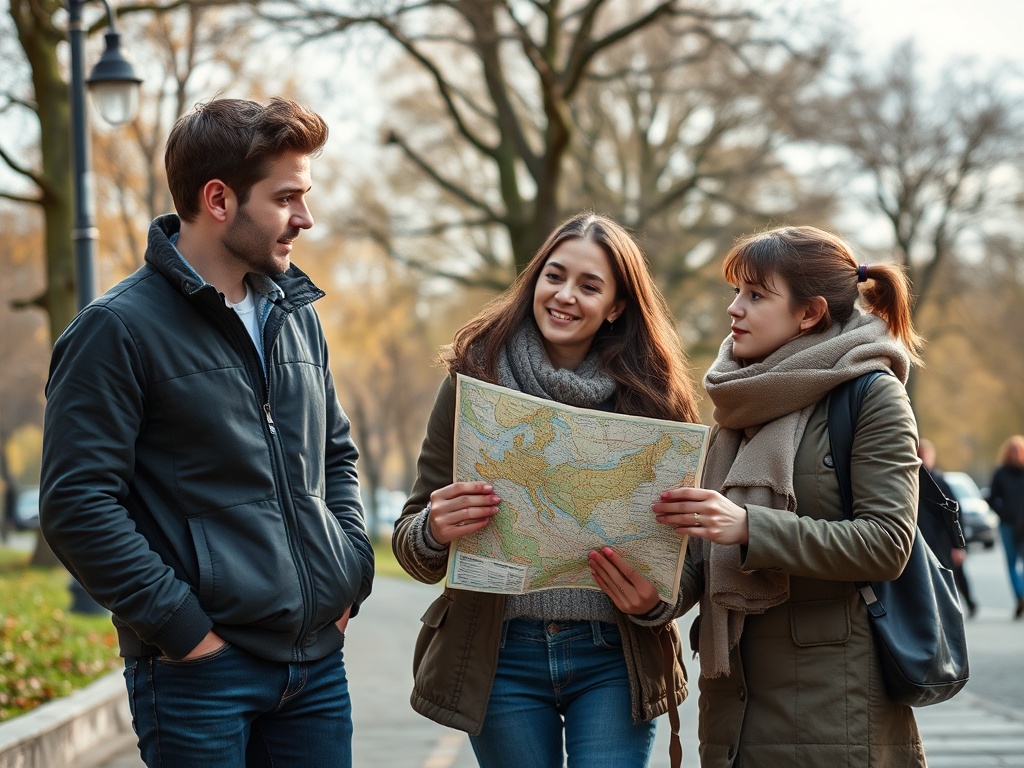 Трое друзей обсуждают маршрут, держа карту, на фоне бузкового парка в осенний день.