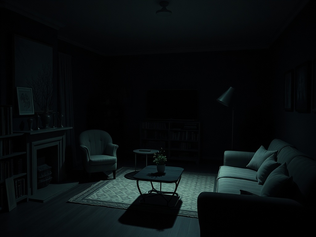 Темная комната с мягкой мебелью, столом и растением на нем, освещенная лишь лампой и тусклым светом.