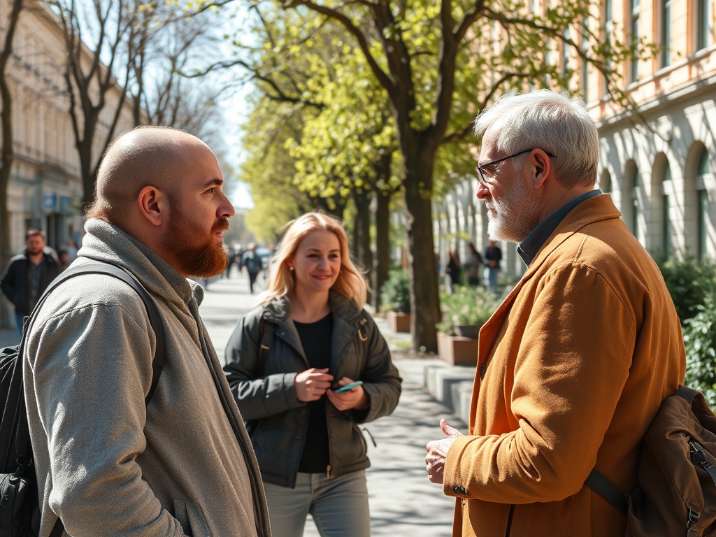 Трое людей разговаривают на солнечной улице, окружённой деревьями и зданиями. Атмосфера дружелюбная.
