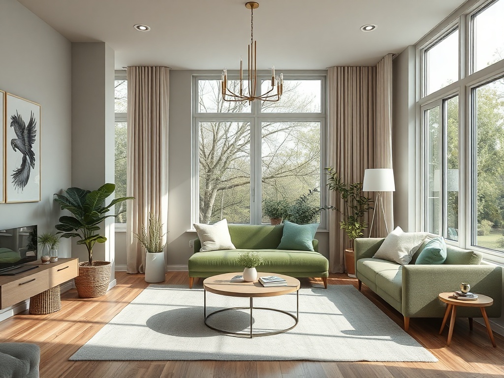 Современная уютная гостиная с большими окнами, зелеными диванами и естественным освещением.