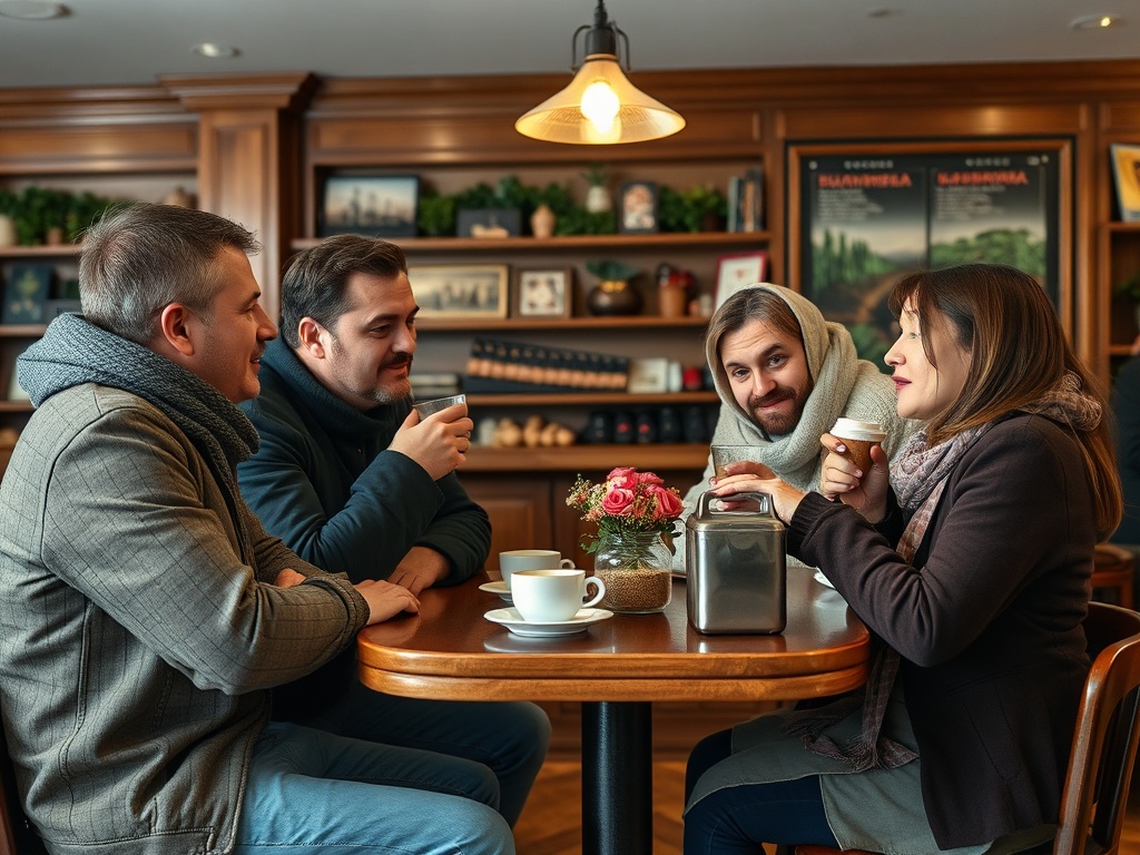 На фотографии несколько людей, которые беседуют и наслаждаются горячими напитками в уютной кафе.