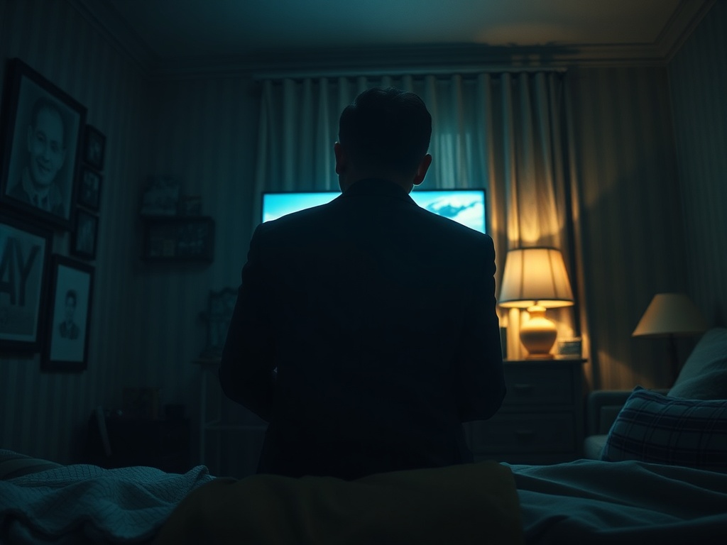 Человек в костюме сидит спиной к телевизору в темной комнате с мягким освещением.