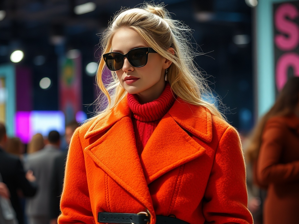 Молодая женщина в ярком оранжевом пальто и черных очках на фоне людей и ярких реклам.