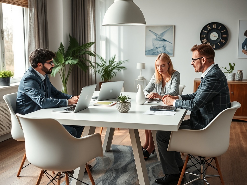 Три человека за столом работают на ноутбуках, в современном офисе с зелеными растениями.