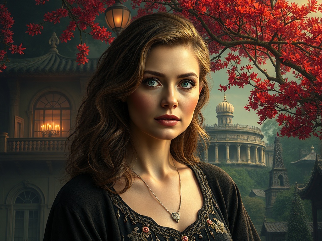 Молодая женщина с длинными волосами на фоне архитектуры и яркой осенней листвы. Загадочный и атмосферный образ.
