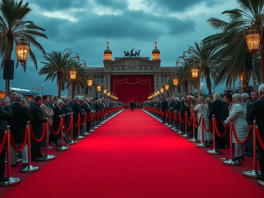 На красной ковровой дорожке собралось много людей, ведущих к величественному зданию под вечерним небом.