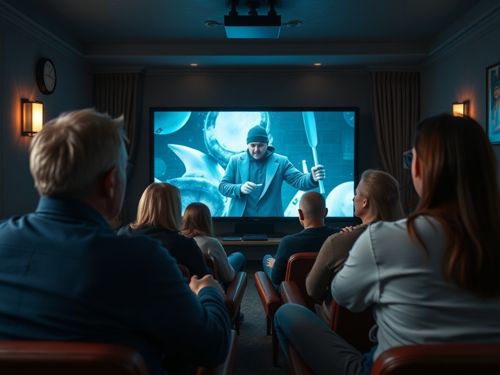 Группа людей смотрит фильм в уютном зале, на экране - мужчина с предметом в руках.