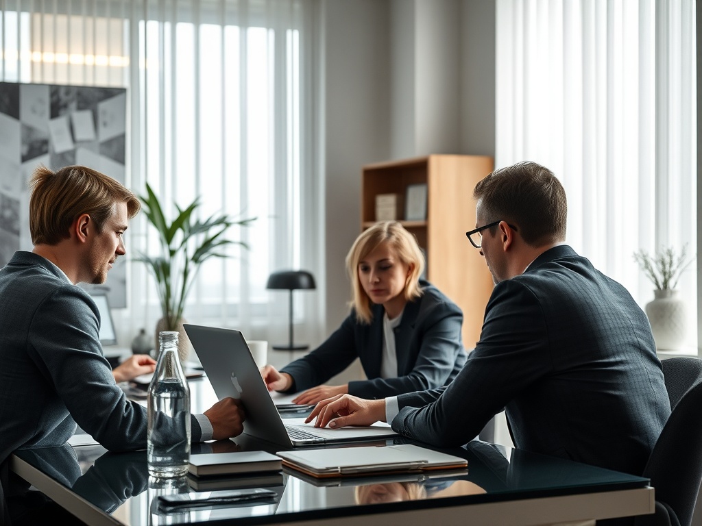 Трое профессионалов обсуждают проект за столом в современном офисе, работая с ноутбуком и документами.