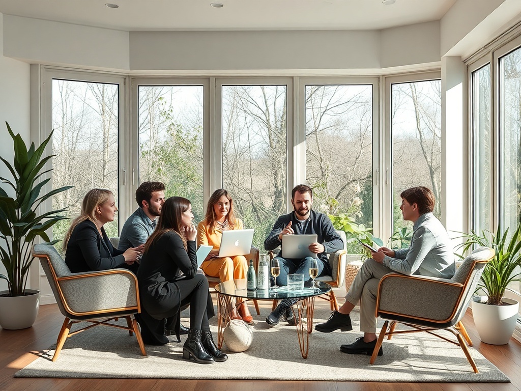 Группа людей на встрече в светлом помещении, обсуждают идеи за круглым столом с растениями вокруг.