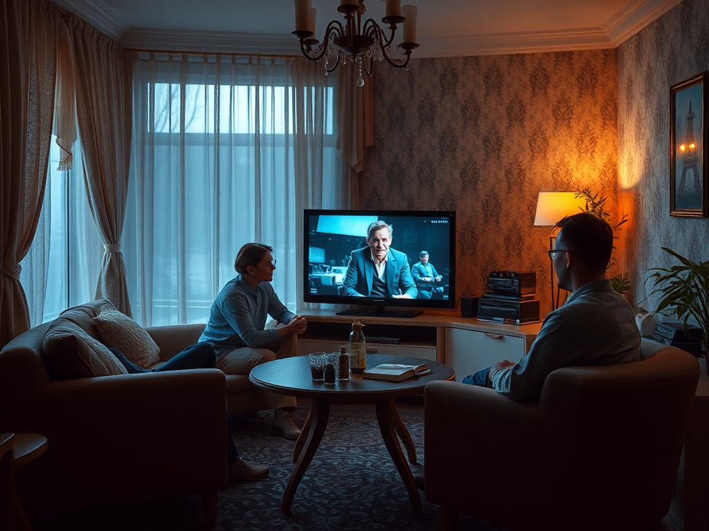 В уютной комнате мужчина и женщина смотрят телевизор, наслаждаясь вечерним отдыхом. Тёплый свет создает атмосферу.