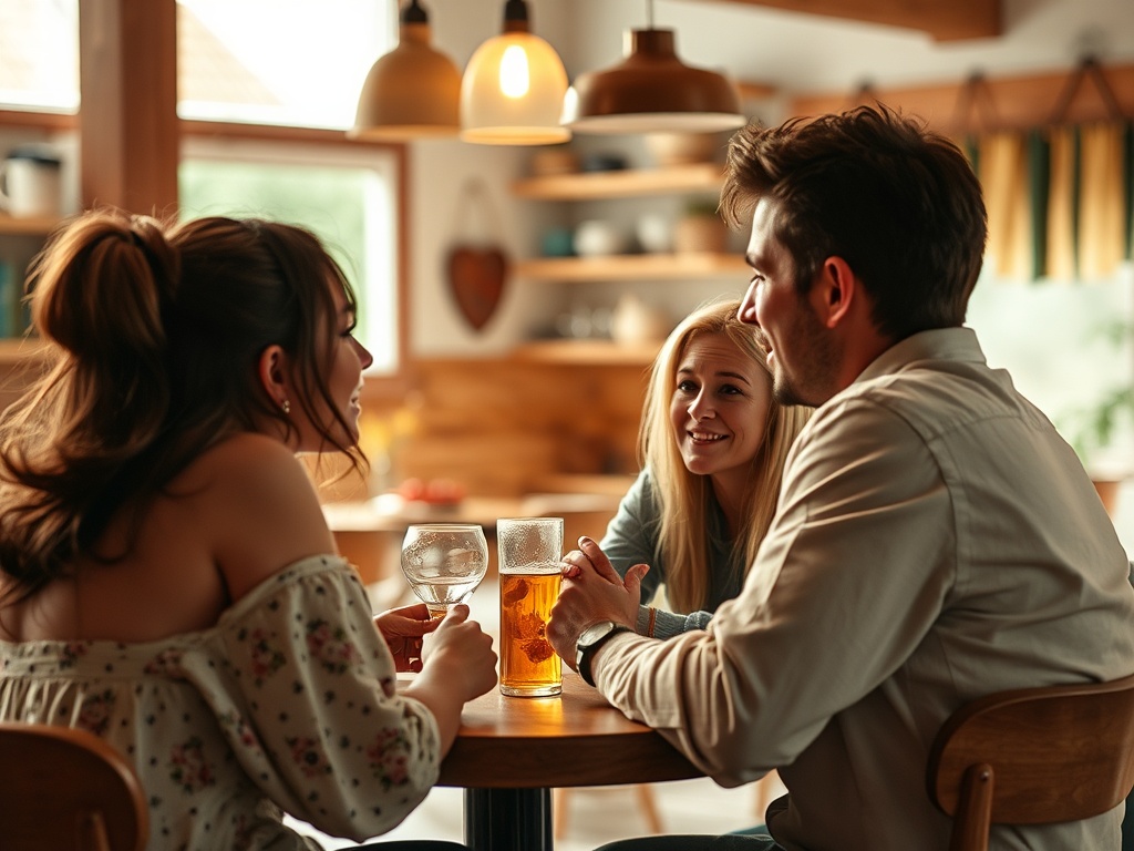 Группа друзей общается за столом с напитками, в уютной обстановке кафе. На столе бокалы с пивом и коктейлем.