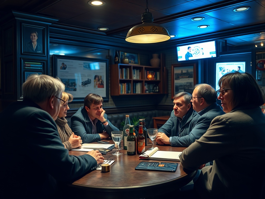 Группа людей обсуждает что-то за столом в уютном помещении с книгами и освещением.
