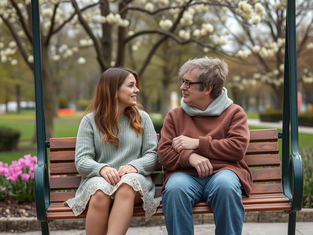Два человека сидят на скамейке в парке, общаются, вокруг цветущие деревья и цветы.