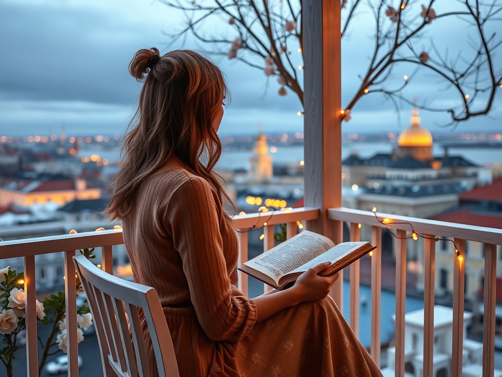 На балконе сидит девушка с книгой, наслаждаясь вечерним городом и мягким светом гирлянд.