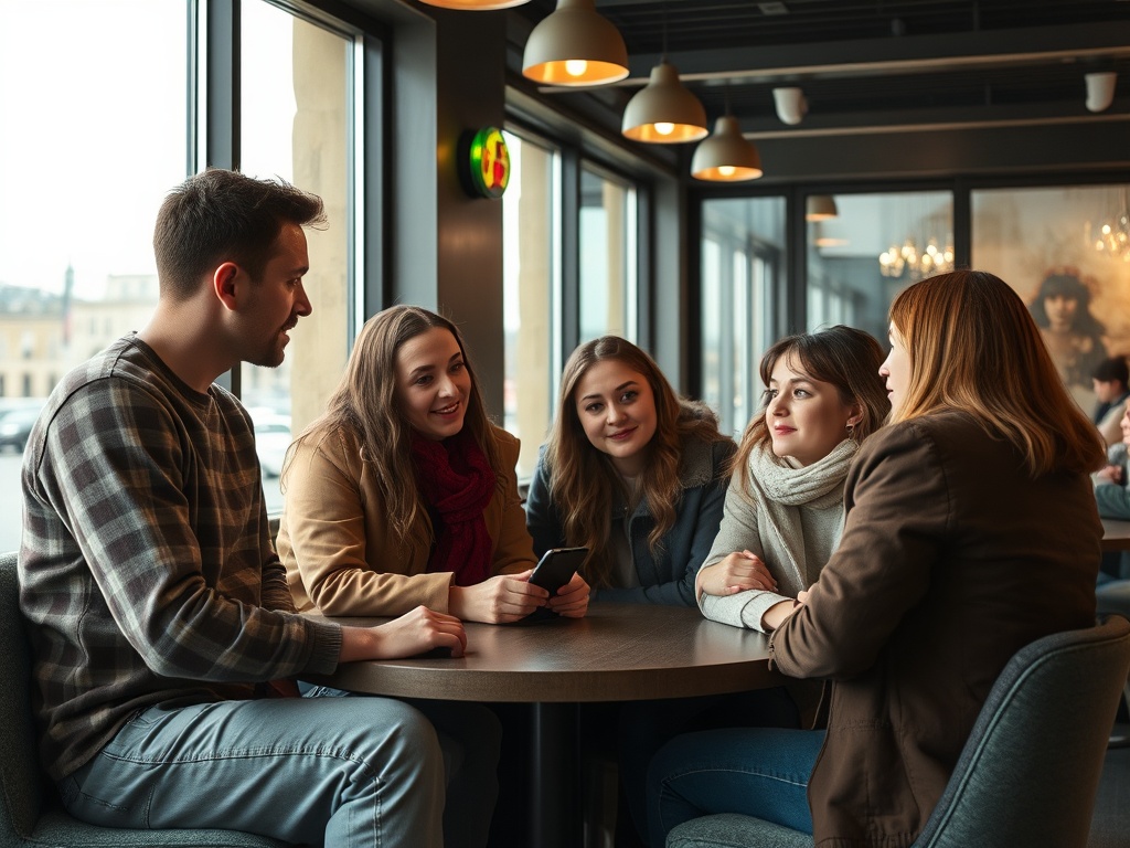Группа друзей беседует за столом в кафе, светлый интерьер и большие окна создают уютную атмосферу.