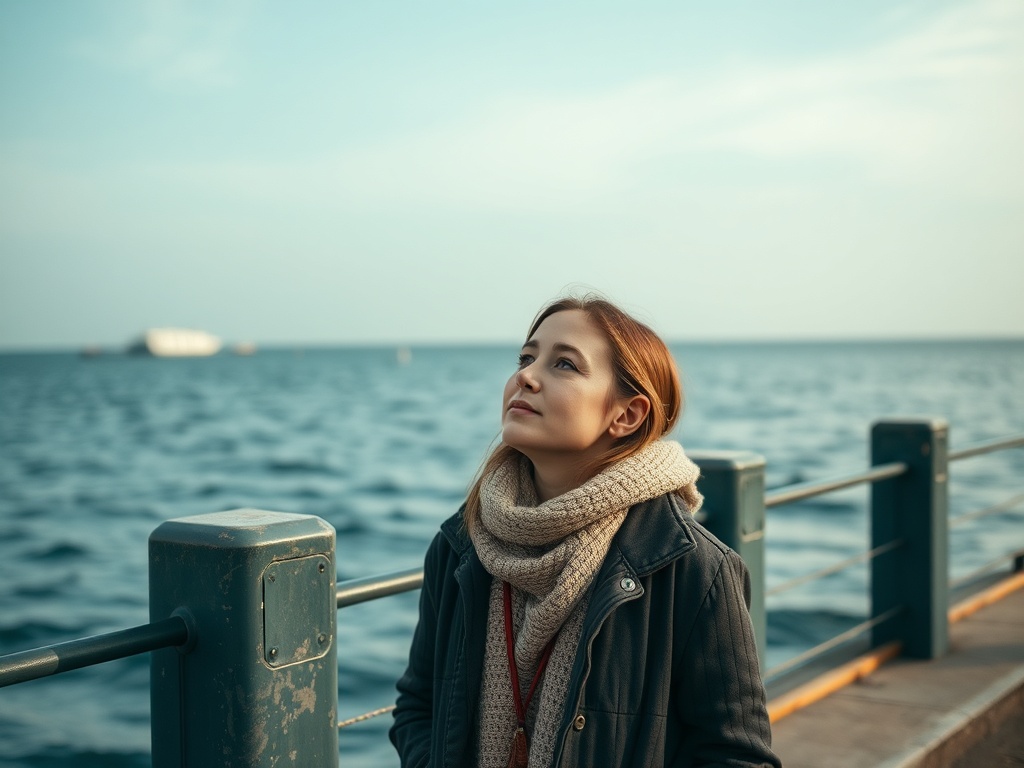Девушка с рыжими волосами стоит на набережной, глядя на море, задумчиво наслаждаясь моментом.
