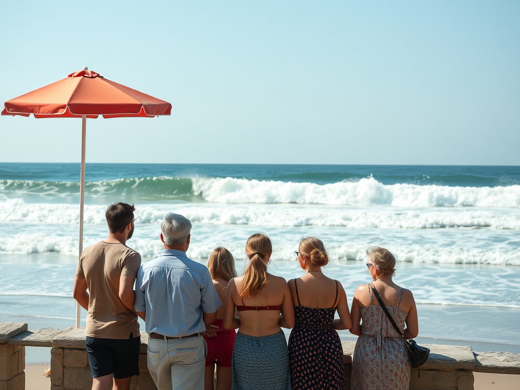 Группа людей стоит у моря под зонтом, смотря на волны и наслаждаясь теплым днем.