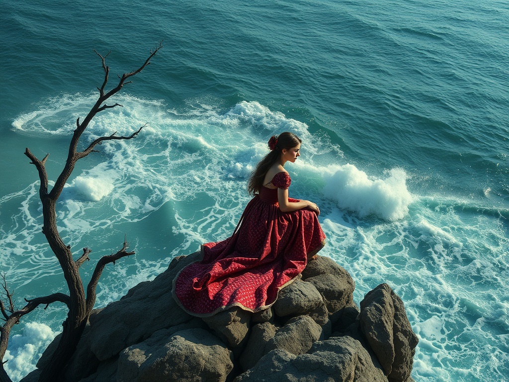 На скале у моря сидит девушка в красном платье, любующаяся волнами и природой вокруг.