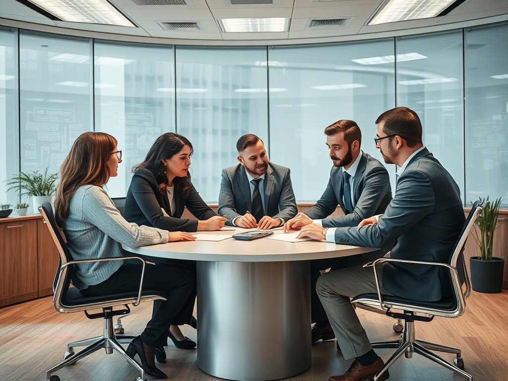 Группа из пяти человек в деловых костюмах обсуждает проект за круглым столом в офисе.