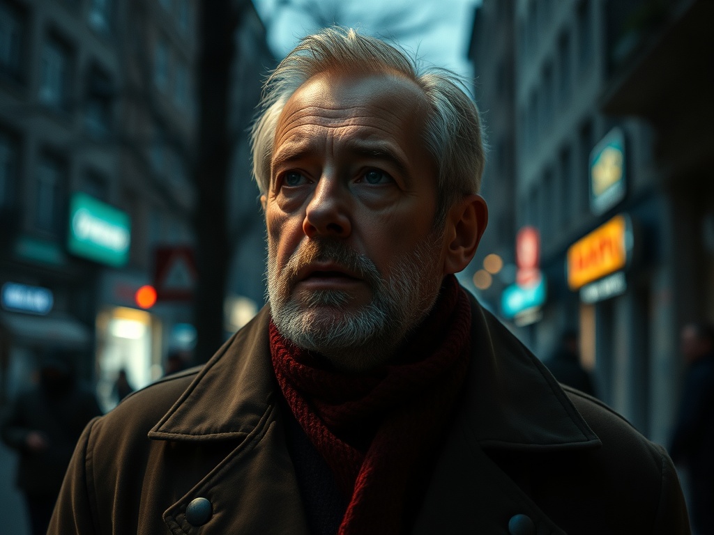 Пожилой мужчина с белыми волосами и бородой стоит на улице, смотрит вверх на вечернем свете.