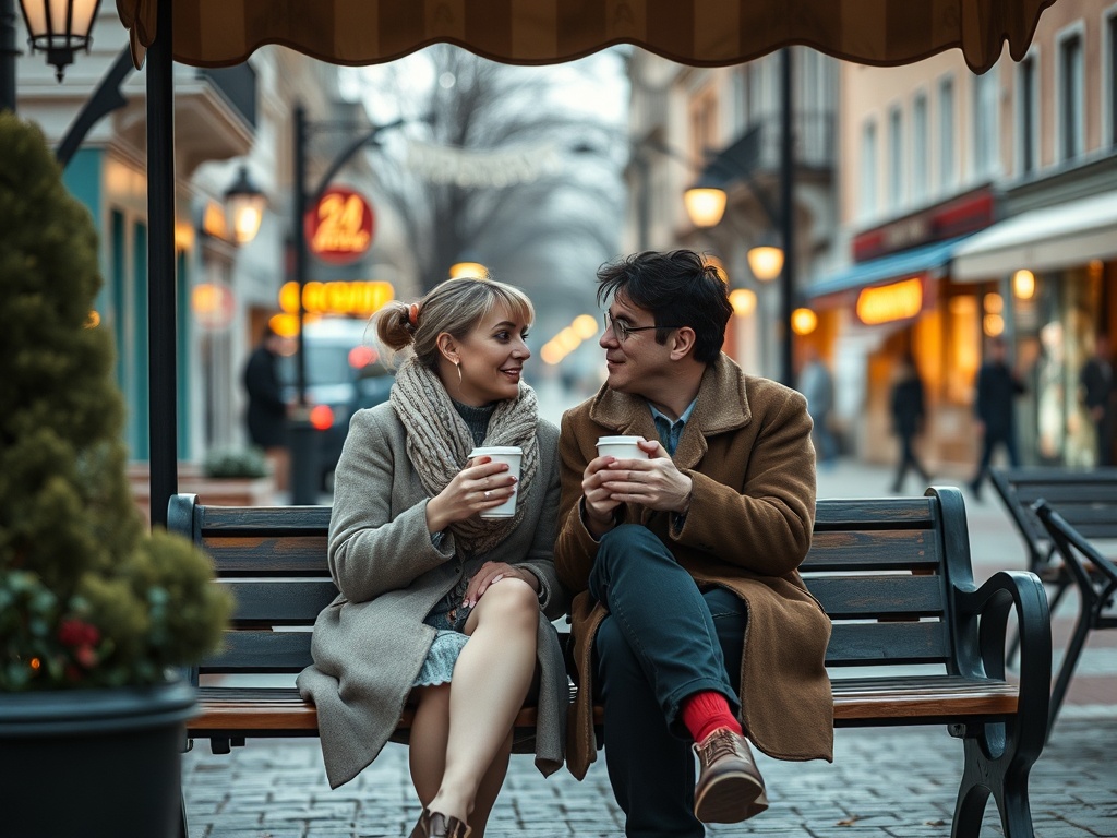 Молодая пара сидит на скамейке в городской улице, наслаждаясь горячими напитками и общением.