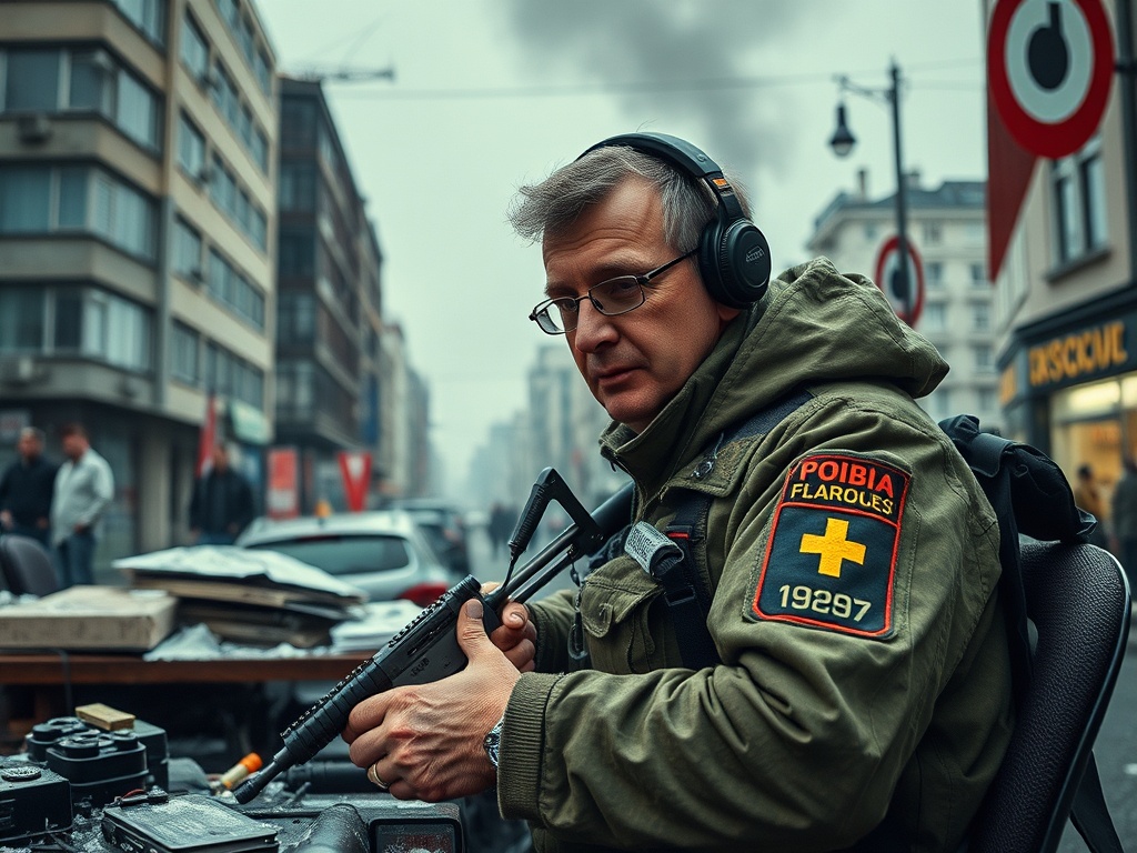 На улице в тумане мужчина в наушниках держит оружие, одет в военное снаряжение. Вокруг здания и автомобили.