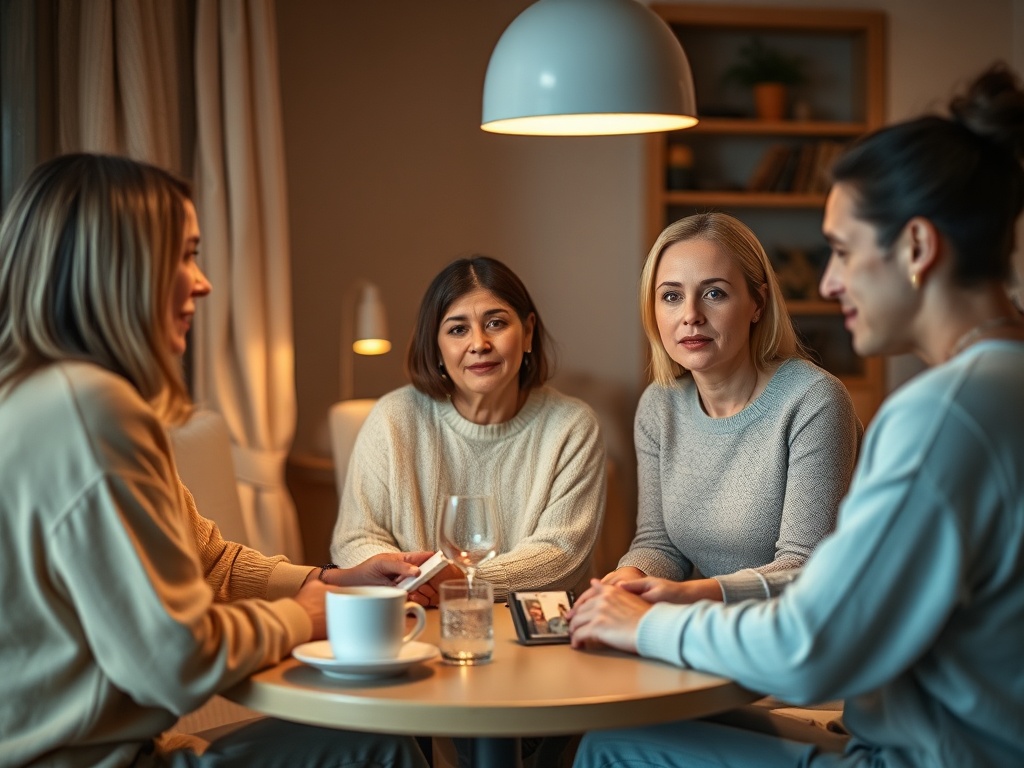 Четыре человека обсуждают что-то за круглым столом при мягком свете в уютной обстановке.