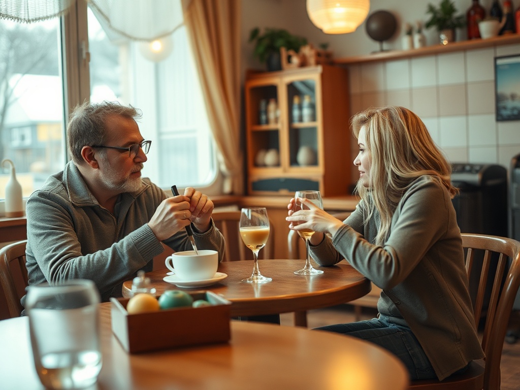 Два человека общаются за столом в уютном кафе. На столе напитки и еда, вокруг уютная обстановка.