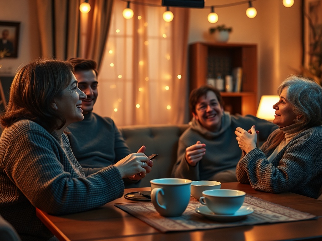 Четыре человека общаются за столом, на нем стоят чашки и закуски, уютная атмосфера вечеринки.