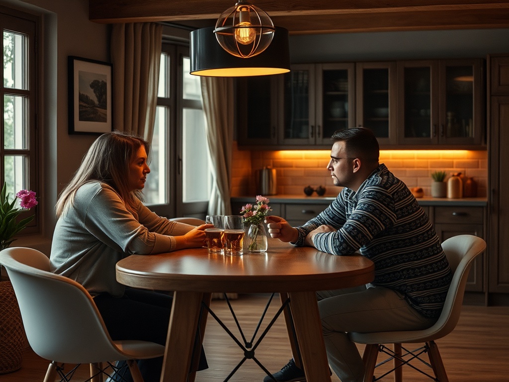 На изображении два человека, сидящие за столом в уютной кухне, беседуют за чашками с напитками.