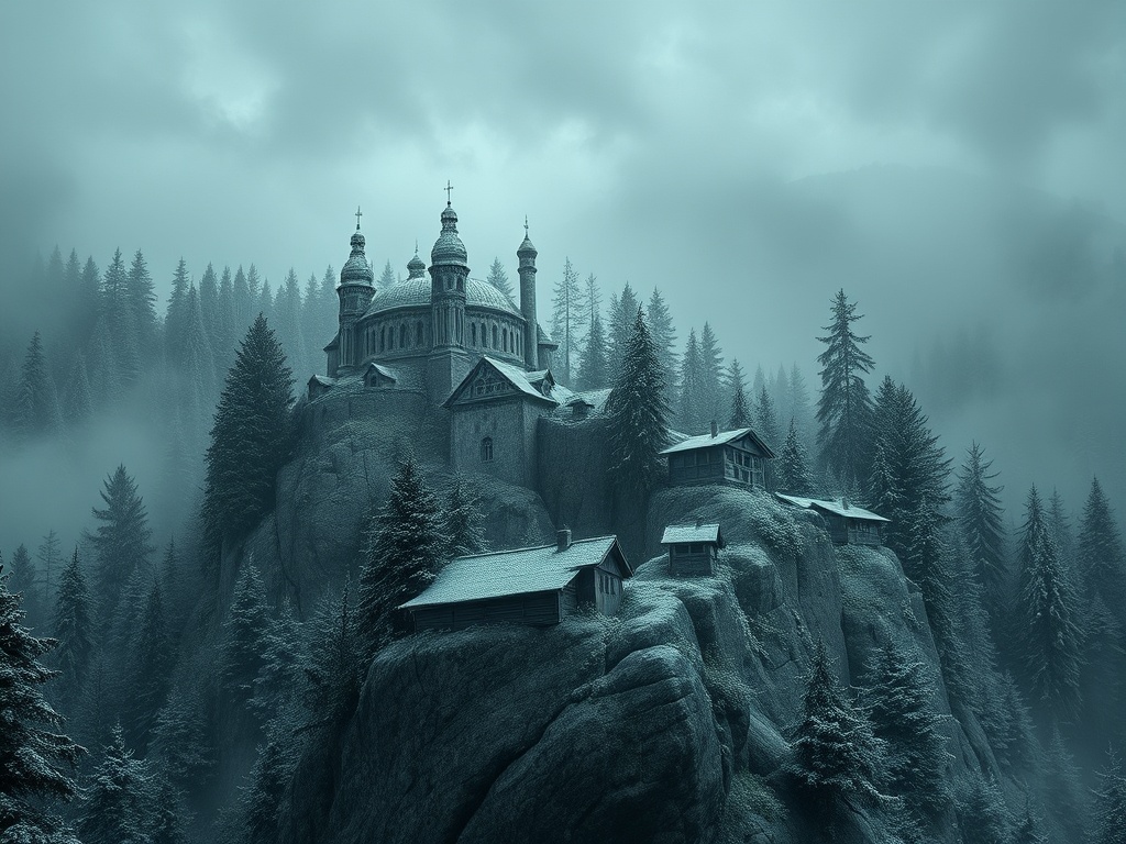 На мрачной горе стоит величественный замок, окружённый темным лесом и густым туманом.