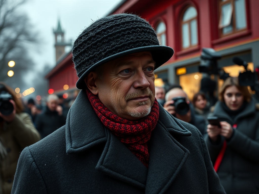 На улице идет человек в черной шляпе и красном шарфе, вокруг него толпа с камерами.