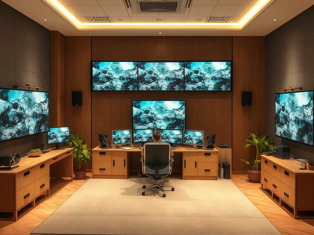 Современный офис с несколькими экранами, столом и растениями. Человек работает за компьютером в уютной обстановке.