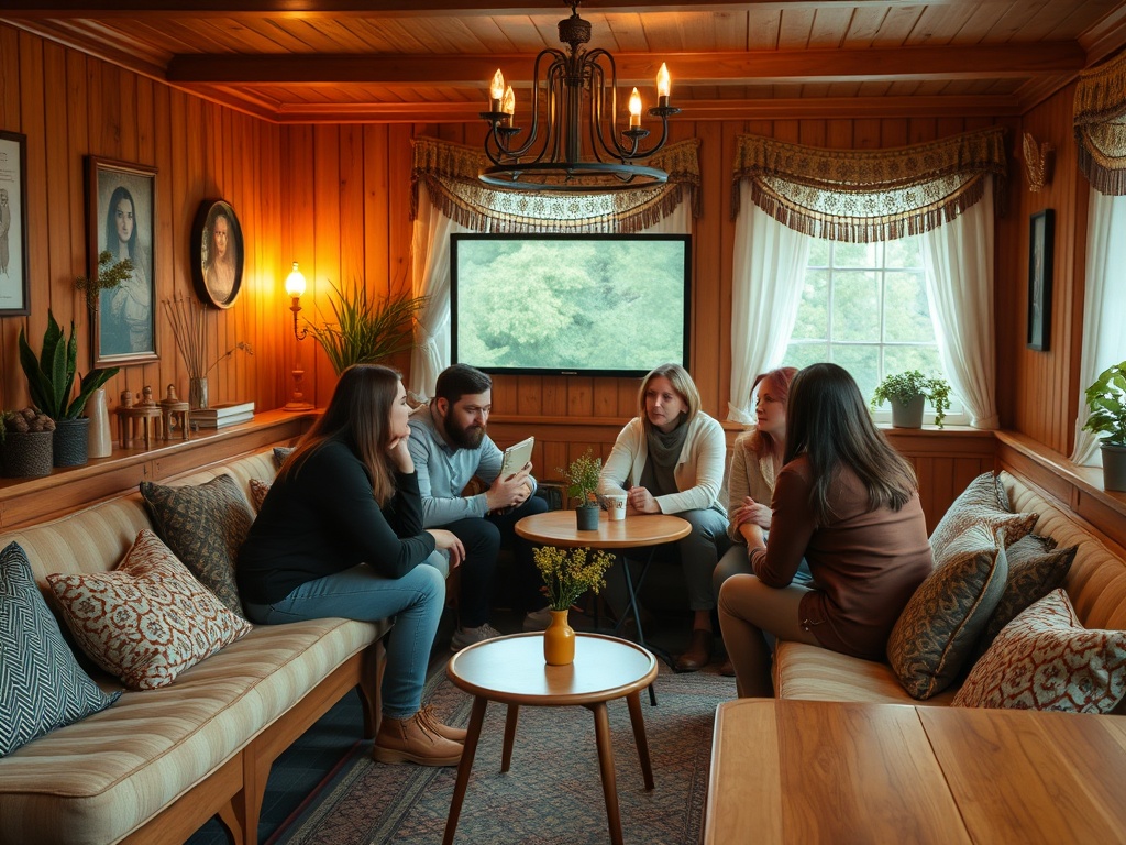 Компания друзей обсуждает что-то важное в уютной комнате с деревянными стенами и мягкой мебелью.