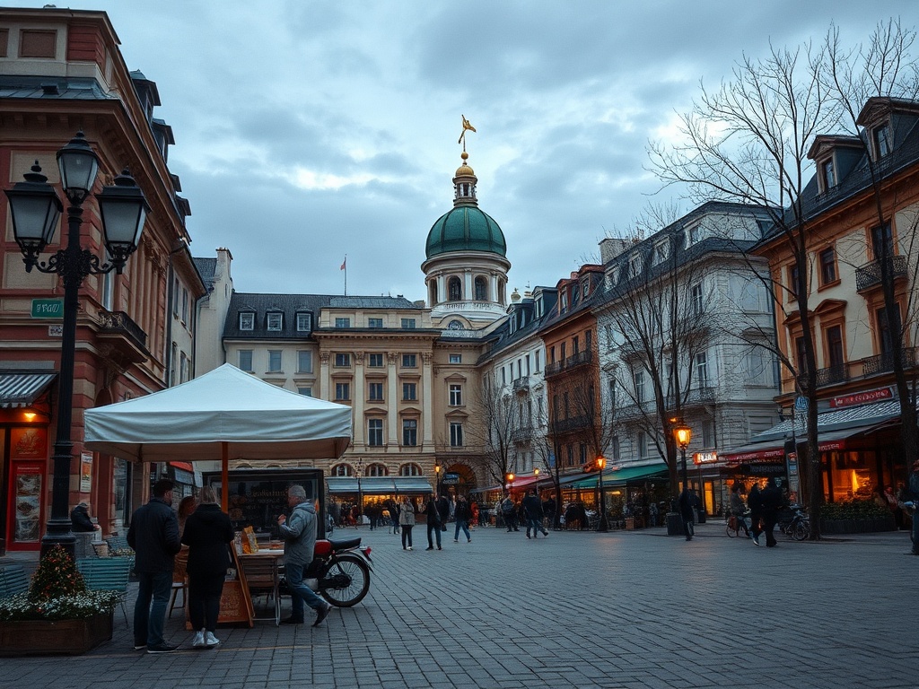 Площадь с палаткой и людьми, старинные здания, зеленый купол на фоне вечернего неба.