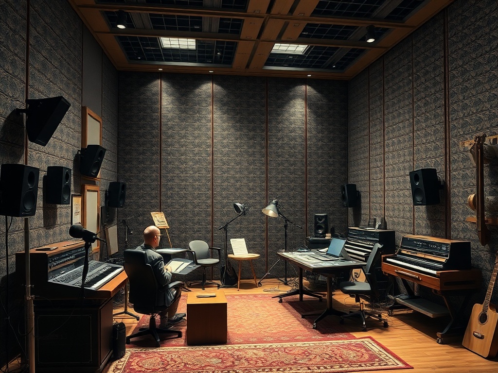 Современная музыкальная студия: музыкант за столом, инструменты и звукозаписывающее оборудование вокруг.
