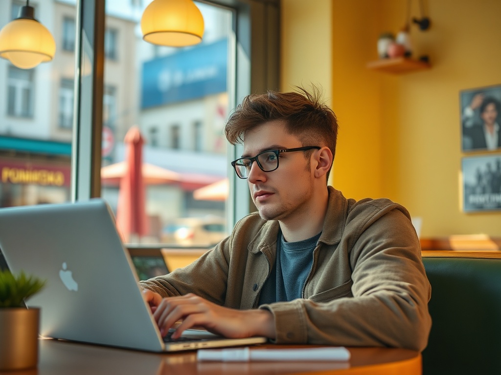 Молодой человек в очках работает за ноутбуком в уютном кафе, внимательно глядя на экран.