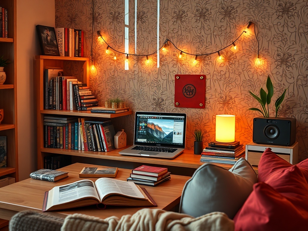 Уютный уголок с книгами, компьютером, лампой и мягкими подушками. Тёплый свет создаёт атмосферу домашнего уюта.
