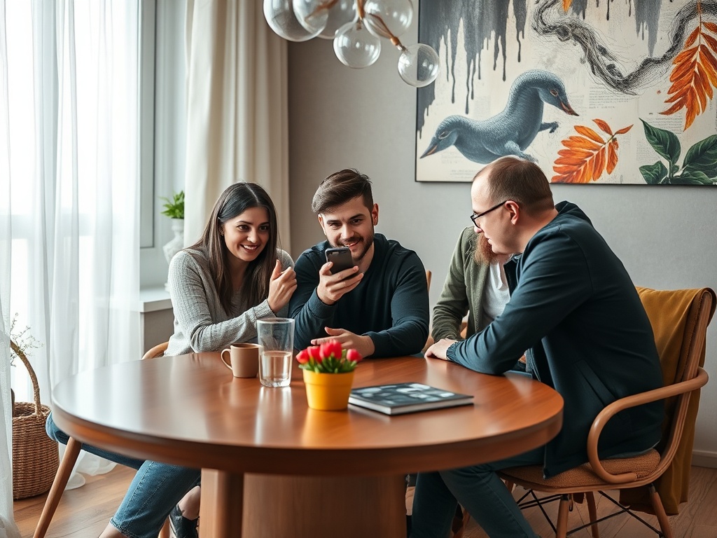 Четыре человека за столом, обсуждают что-то, смотрят на телефон, в уютной комнате с растениями и картиной.