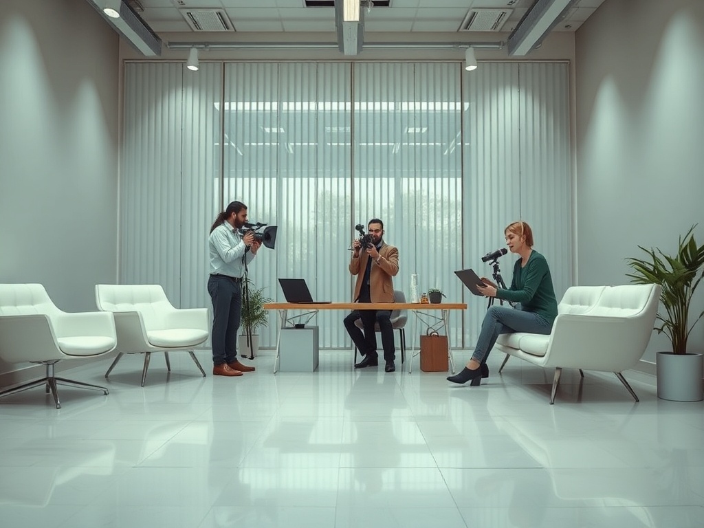 На фото съемка интервью в современном офисе, где женщина читает текст, а двое мужчин снимают на камеру.