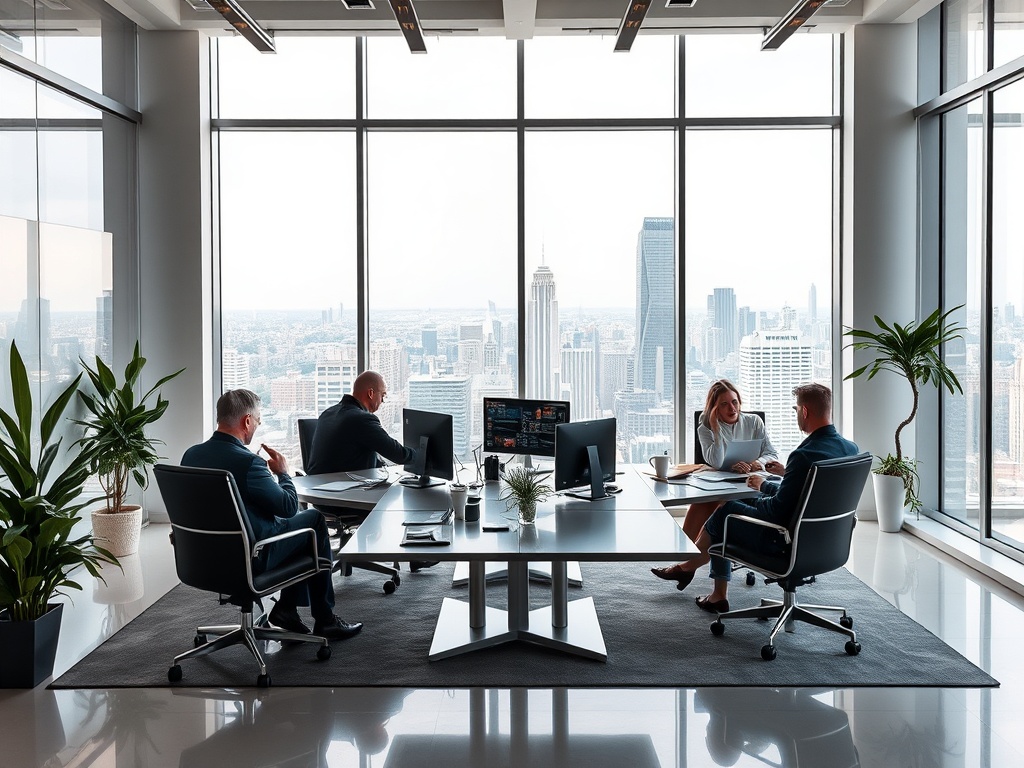 Современный офис с четырьмя людьми, работающими на компьютерах и обсуждающими проекты, с видом на город.