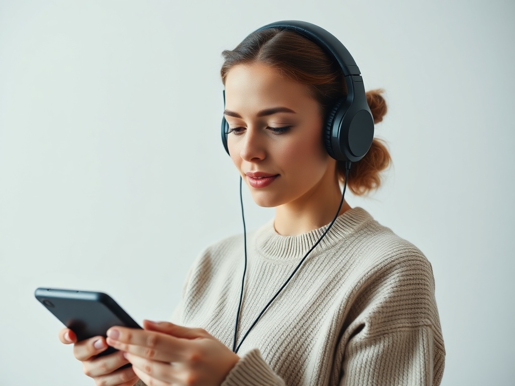 Девушка в наушниках слушает музыку и держит телефон в руках, выглядит сосредоточенной.