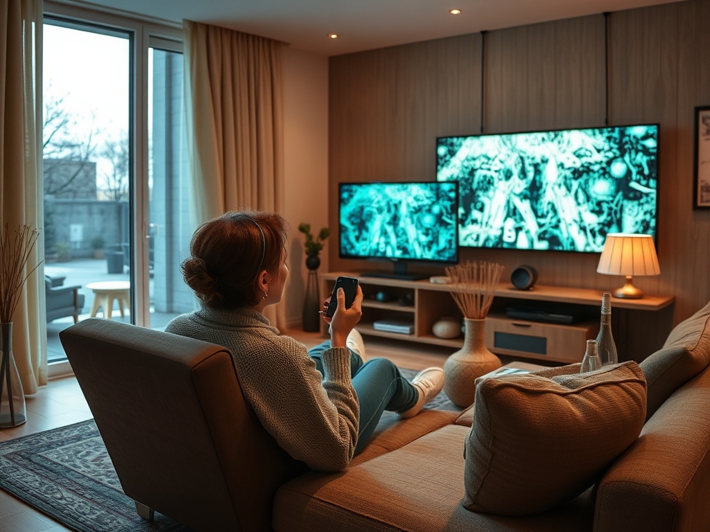 Женщина сидит на диване и смотрит телевизор в уютной гостиной с двумя экранами.