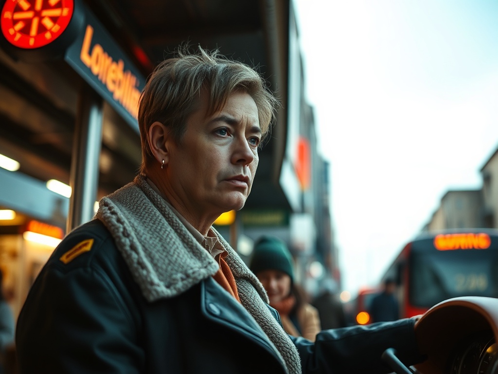 На изображении — женщина с короткой стрижкой, одетая в кожаную куртку, ожидающая на автобусной остановке.