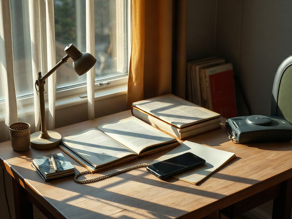 На столе лежат книги, телефон, записная книга и настольная лампа. Окно с занавесками пропускает свет.
