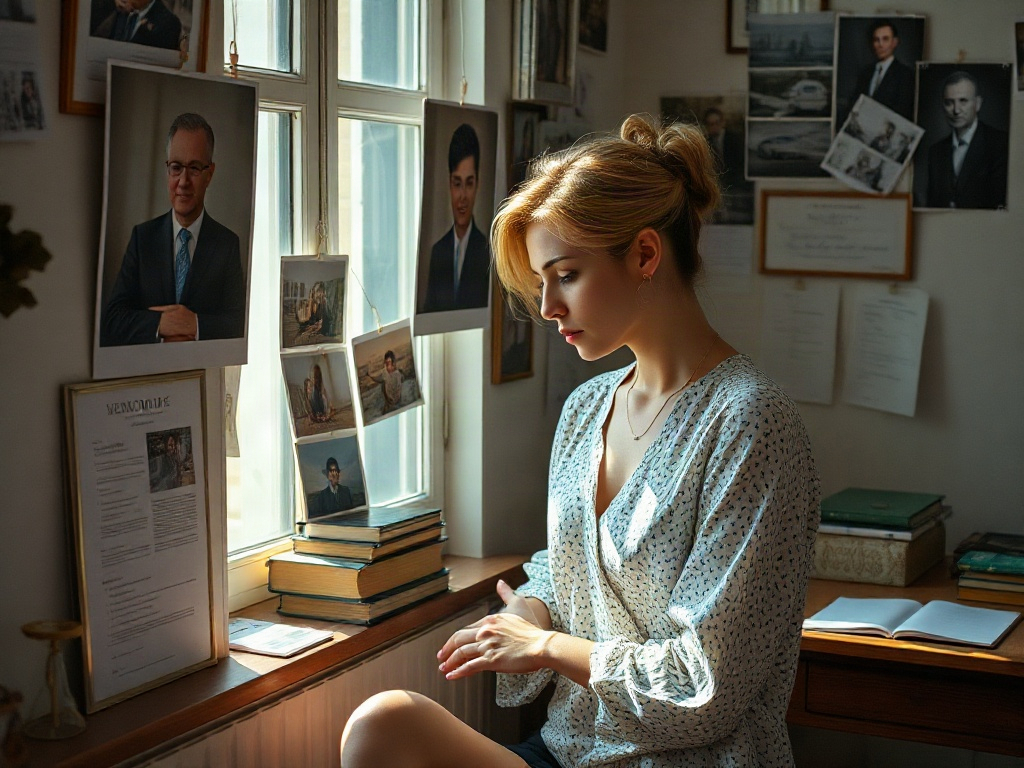 Молодая женщина сидит у окна с фотографиями на стене и книгами на подоконнике. Светлая и уютная атмосфера.