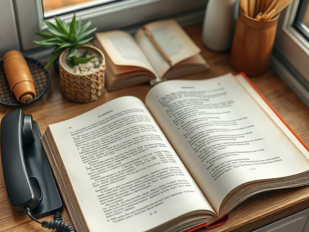 На столе находятся раскрытая книга, телефон и небольшие предметы декора. Светлый интерьер и уютная атмосфера.